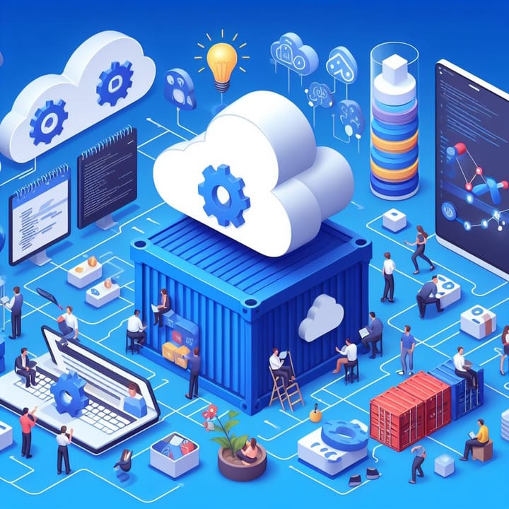 Isometric illustration of cloud services, containers and servers