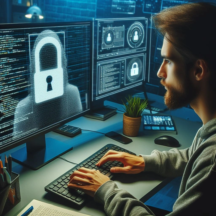 Developer at a desk with a padlock icon on the monitor