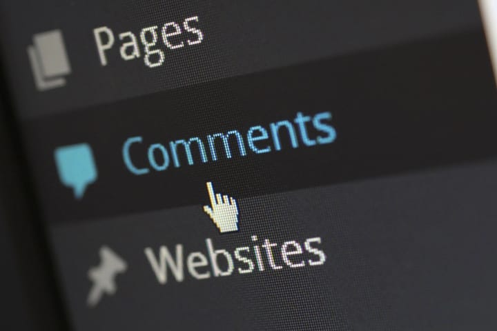 Close-up of a website menu with Pages, Comments and Websites items