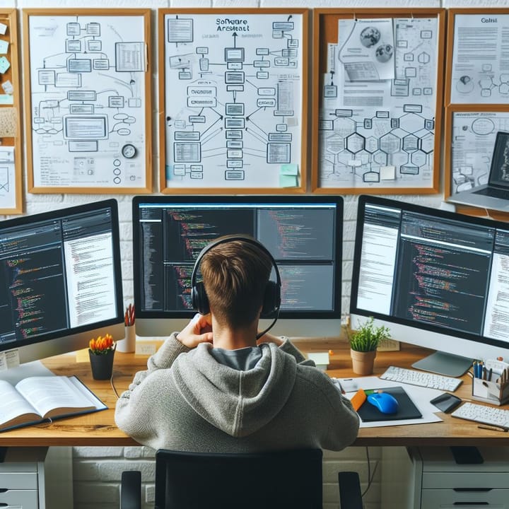 Person working at a desk with several monitors and sketches pinned on the wall