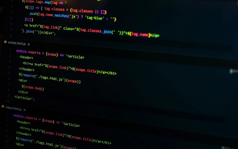 Code editor with colourful source code on a dark background