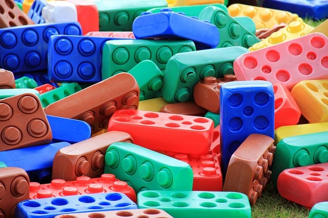 Pile of colourful toy building blocks